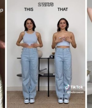 Ces hacks TikTok transforment un débardeur de base en haut bustier, en brassière, ou en halter top dos-nu // Source : Captures d'écran TikTok
