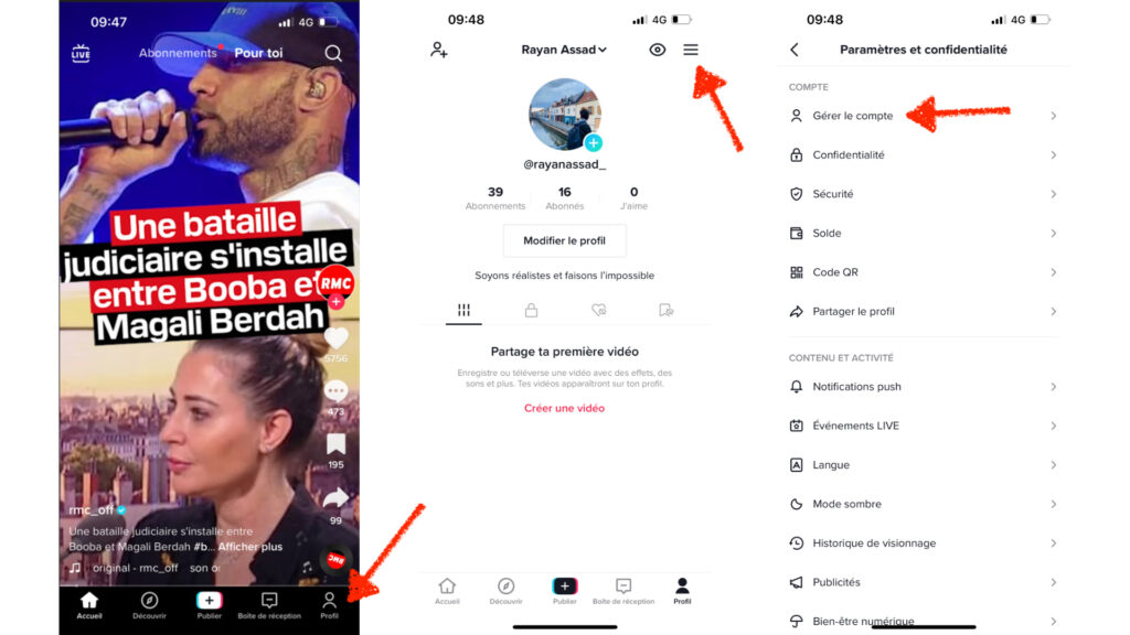 Premières étapes pour supprimer son compte. // Source : Captures d'écran TikTok