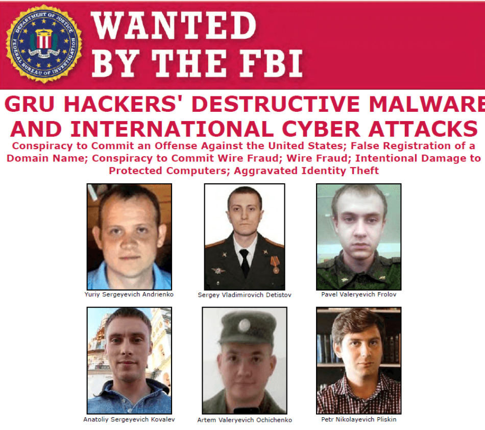 Des membres de Sandworm recherchés par le FBI. // Source : FBI Des membres de Sandworm recherchés par le FBI. // Source : FBI