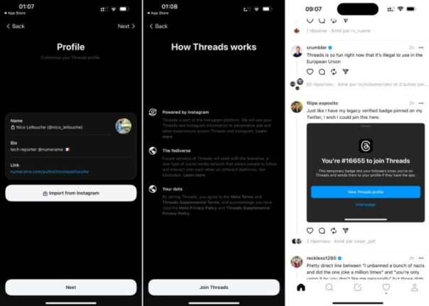 Voilà à quoi ressemble Threads à la première configuration. Voilà à quoi ressemble Threads à la première configuration.