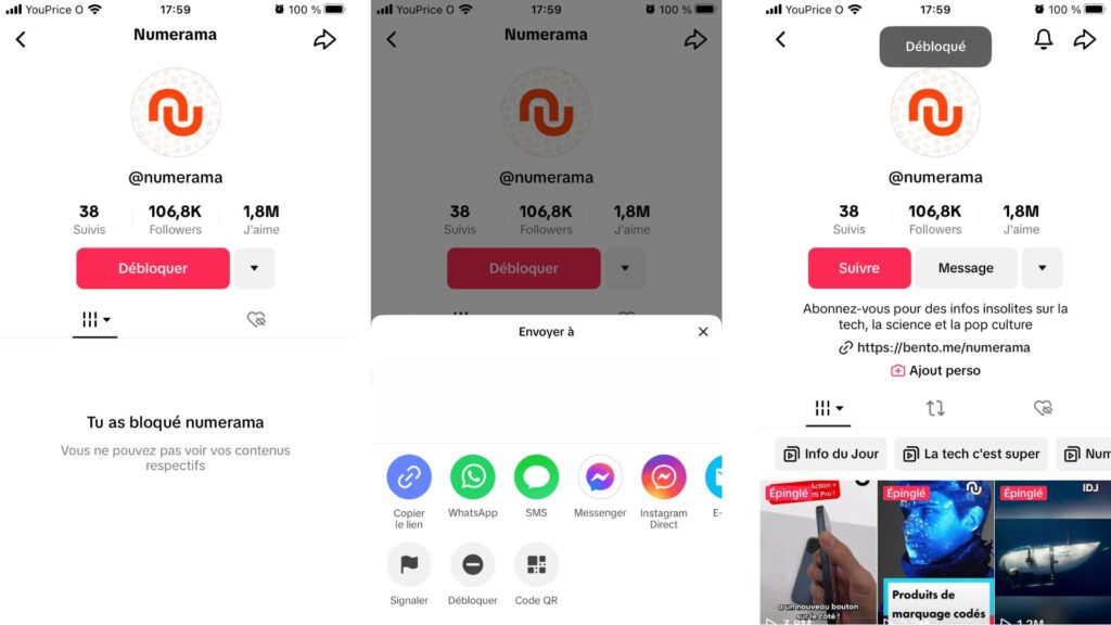 Débloquez un compte sur TikTok. // Source : Captures d'écran Numerama Débloquez un compte sur TikTok. // Source : Captures d'écran Numerama