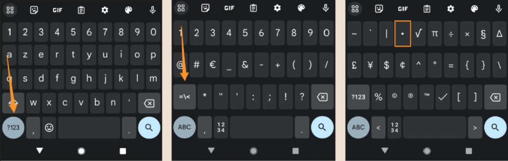 Voilà comment réaliser un point médian sur un clavier Android // Source : Montage Numerama Voilà comment réaliser un point médian sur un clavier Android // Source : Montage Numerama