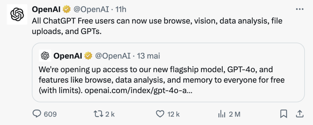 C'est sur Twitter qu'OpenAI a annoncé l'arrivée gratuite de GPT-4o. C'est sur Twitter qu'OpenAI a annoncé l'arrivée gratuite de GPT-4o.