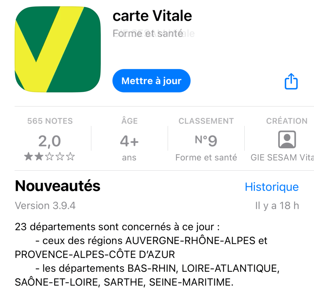 La mise à jour de l'app carte Vitale ajoute des nouveaux départements. La mise à jour de l'app carte Vitale ajoute des nouveaux départements.