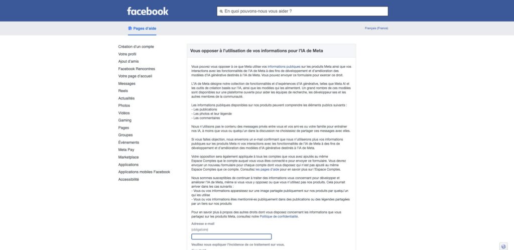 Le même formulaire, mais pour Facebook // Source : Capture Numerama Le même formulaire, mais pour Facebook // Source : Capture Numerama