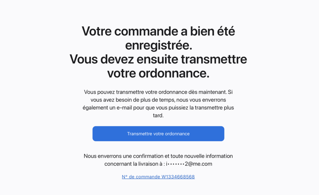 À la fin de l'achat, Apple indique qu'il manque l'ordonnance pour valider le paiement.