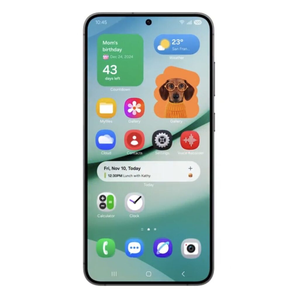 Le nouvel écran d'accueil de One UI 7. Le nouvel écran d'accueil de One UI 7.