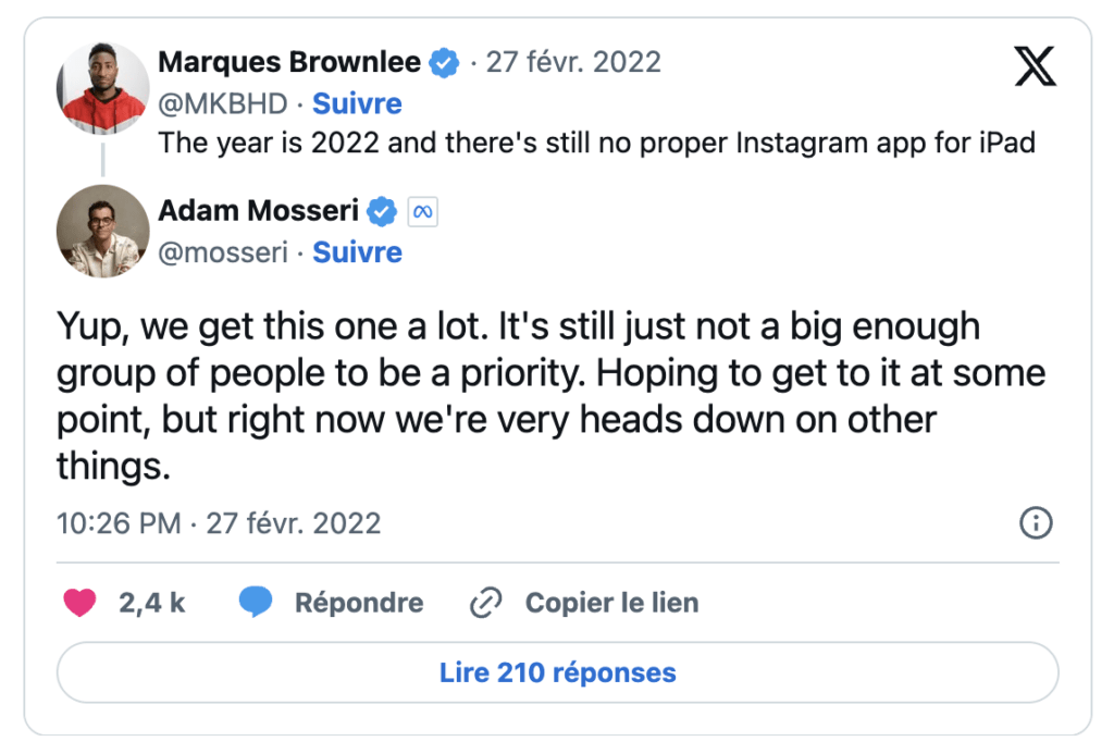 Instagram sur iPad : pas une priorité, en 2022.