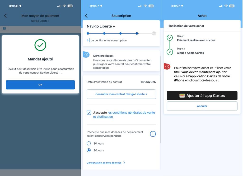 Les dernières étapes de création d'un passe Navigo Liberté+ sur iPhone.
